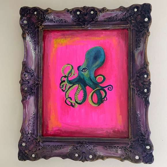 Original Octopus Acrylic Painting over a Thrifted Framed Art Print - 26x22” - Picture 9 of 9